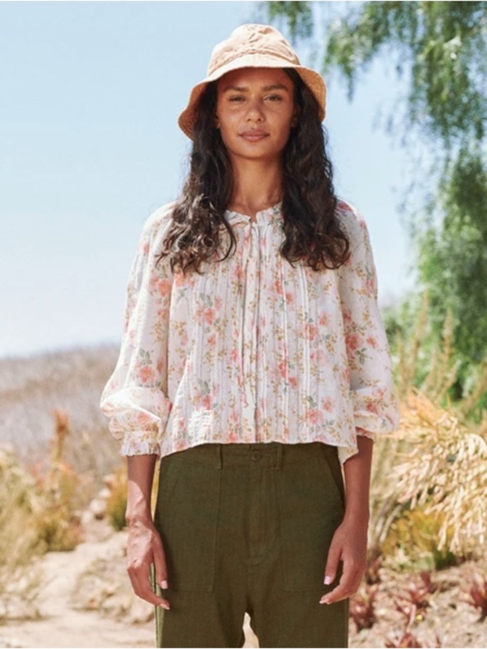 The Great The Valley Top Blouse Top pink sweet pea floral long sleeve button tie